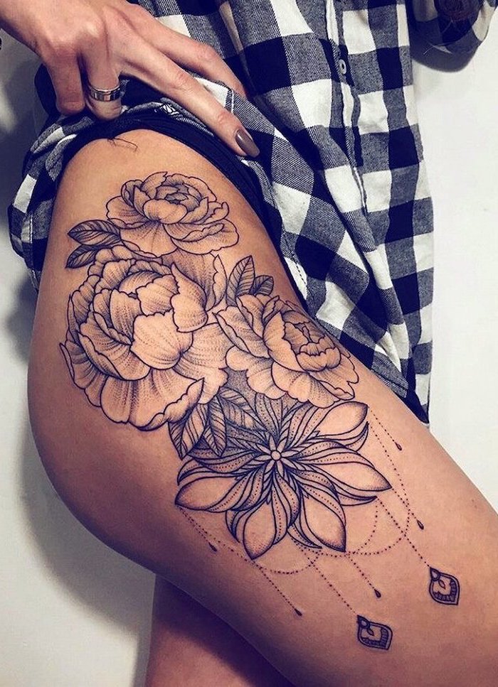roses and flowers, thigh tattoos for women, black and white, plaid shirt, white background