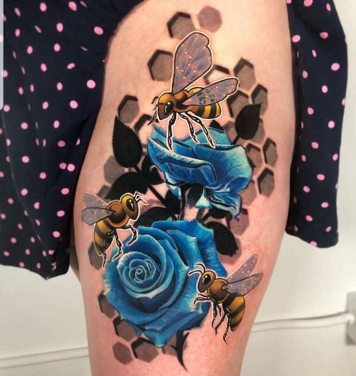 colored tattoo, blue roses, three bees, honeycomb shapes, thigh tattoos, black dress, with pink dots