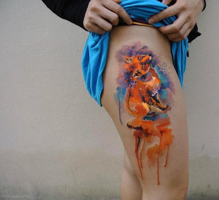 watercolor tattoo, thigh tattoos, small fox ,blue skirt, black blouse, white background