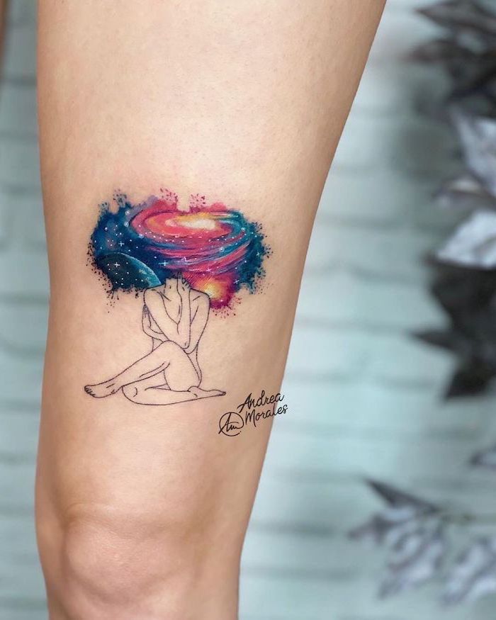 thigh tattoos, naked woman sitting, watercolor galaxy, instead of head, blurred background