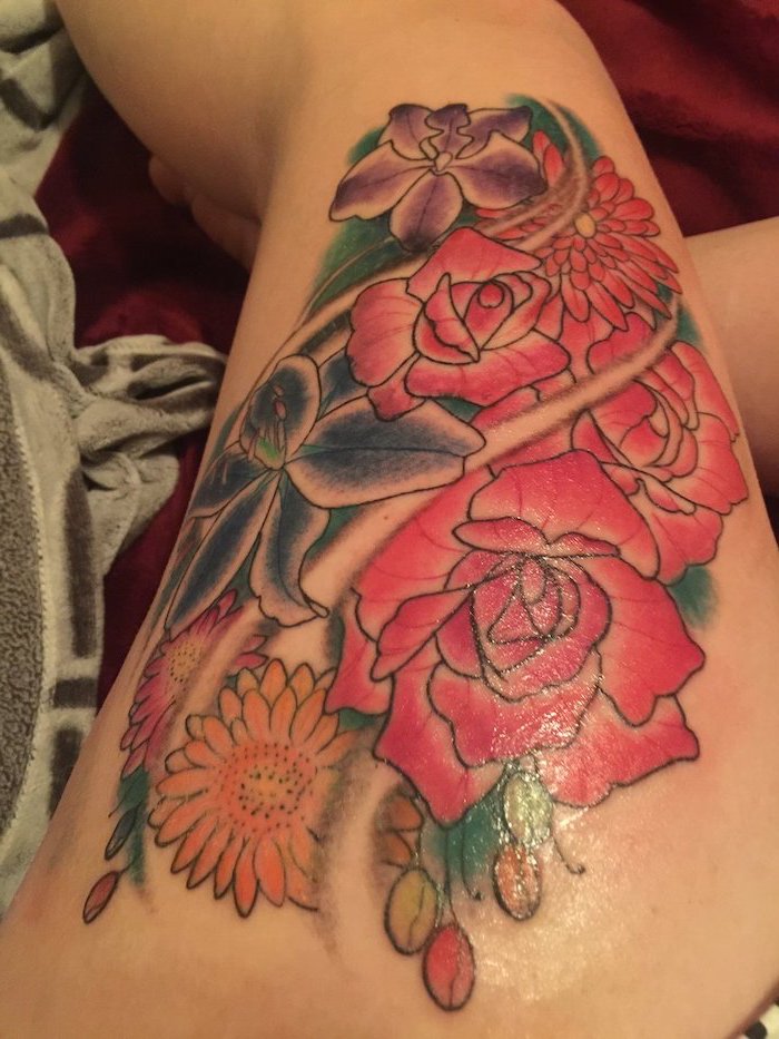 colored tattoo, tattoo designs for women, pink and blue, purple and orange flowers