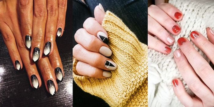 side by side photos, three different manicures, 2019 nail trends, white and black, red nail polish