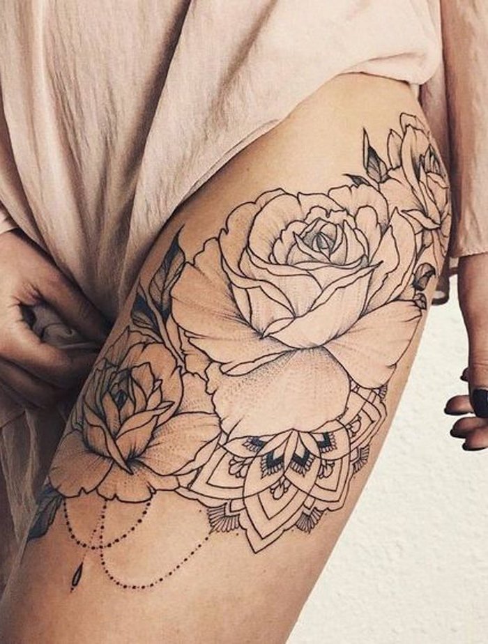 pink dress, three roses, with beads, thigh tattoo ideas, mandala flower tattoo, white background
