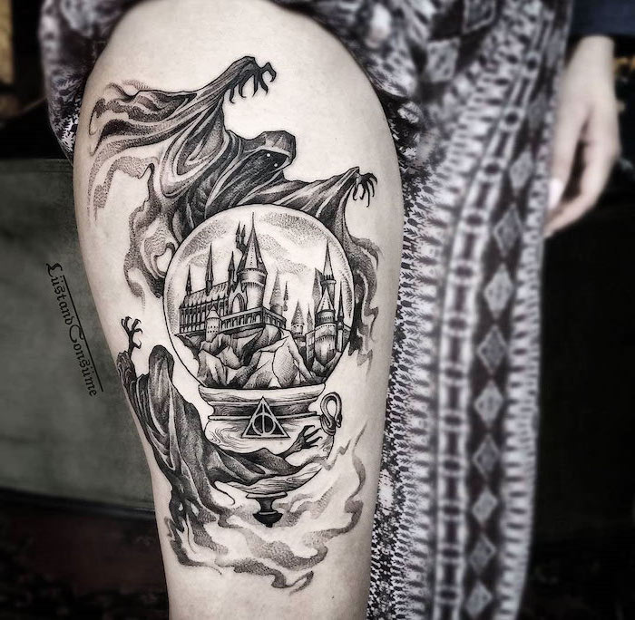 harry potter inspired, leg tattoos for women, dementors hovering over hogwarts, deathly hallows sign