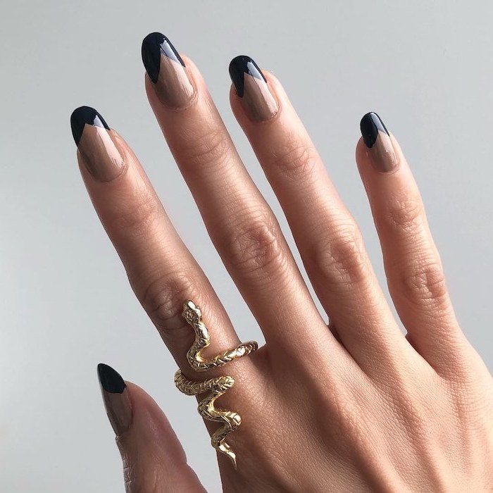beige nail polish, black french manicure, fall nail ideas, almond nails, white background, gold snake ring