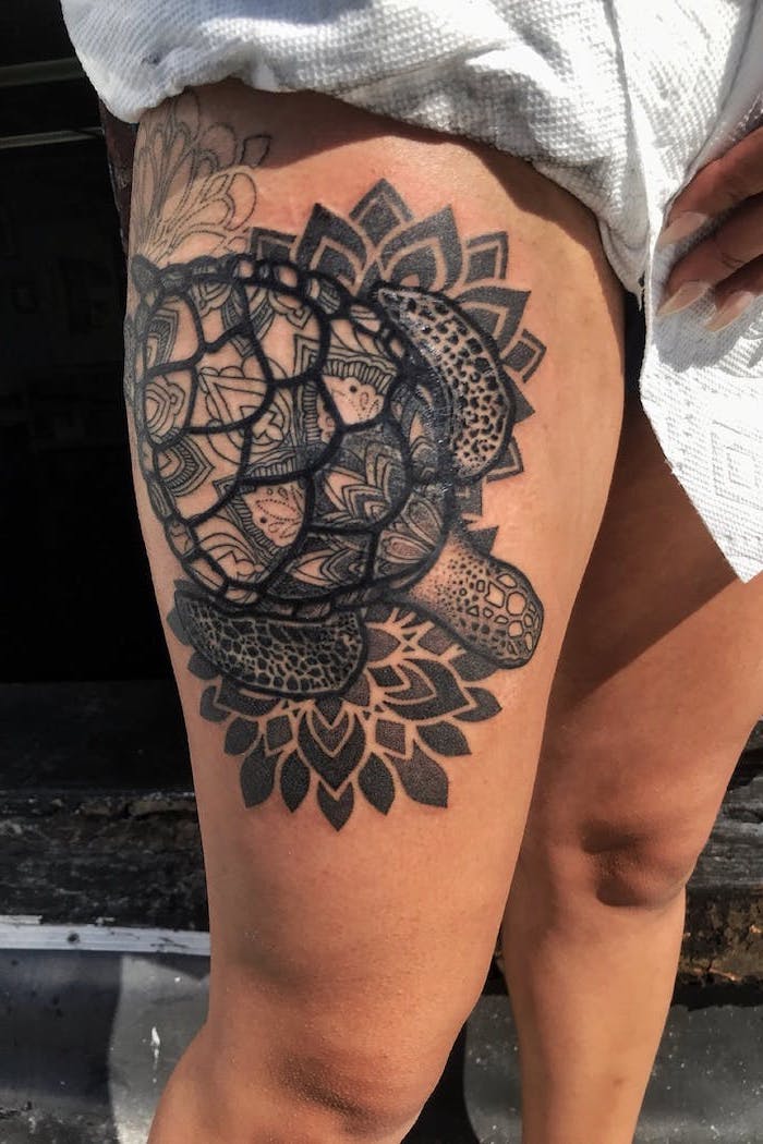 white paper napkins, leg tattoo ideas, mandala tattoo, floral tortoise