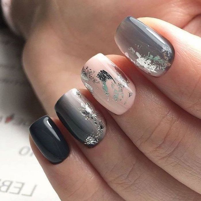 shades of grey, nail polish, silver glitter, nail decorations, pretty nail colors, short squoval nails