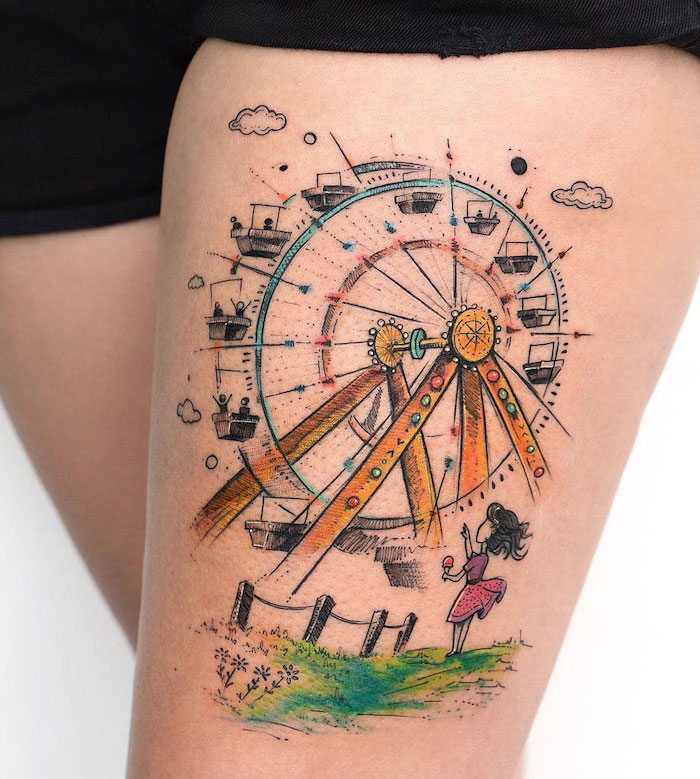 ferris wheel, little girl, holding ice cream, dressed in pink, sexy tattoos for women, black shorts, white background