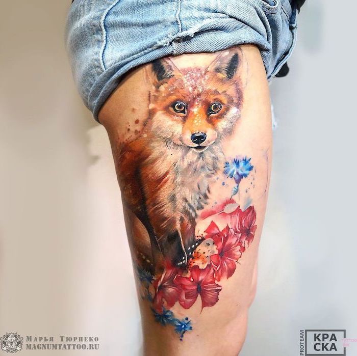 denim sorts, watercolor tattoo, sexy tattoos for women, fox surrounded by flowers, blue and pink