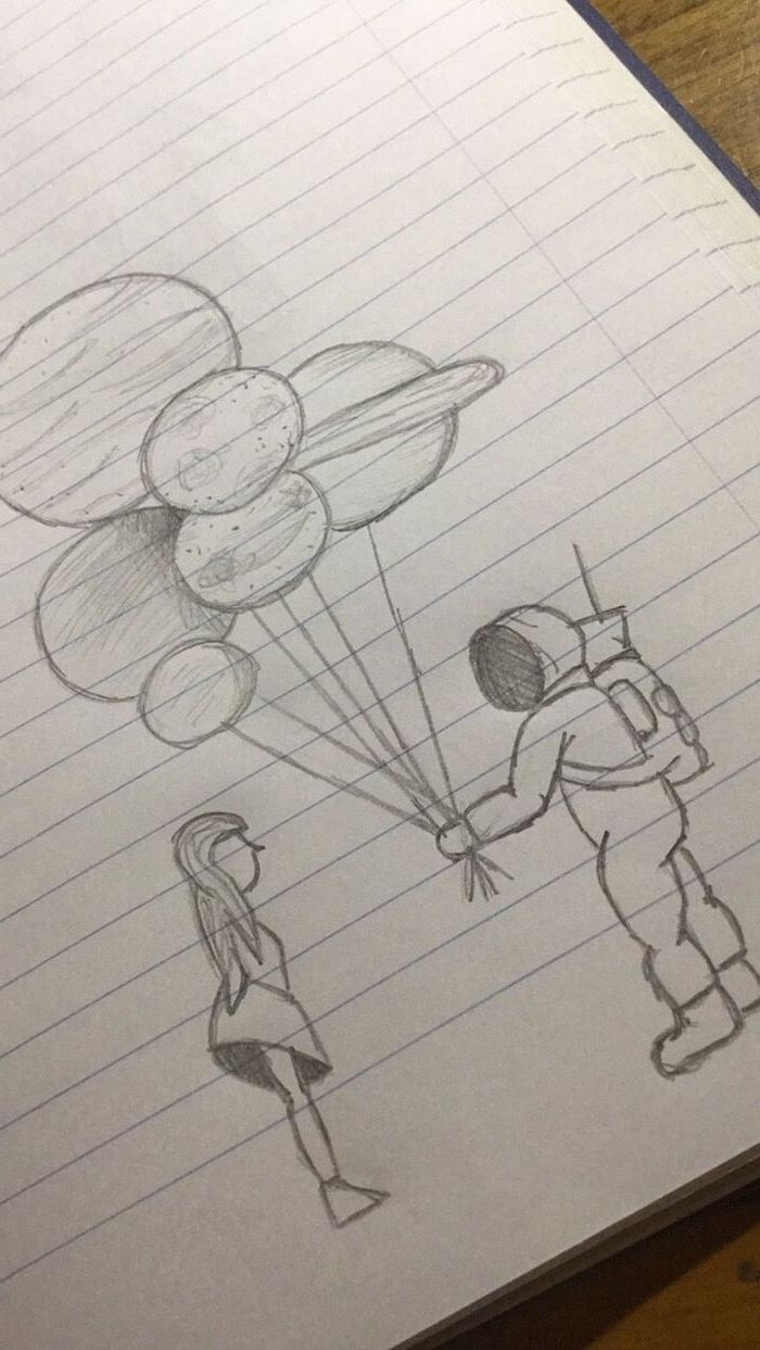 cute easy drawings, astronaut holding the planets as balloons, handing them to a girl, black and white pencil drawing