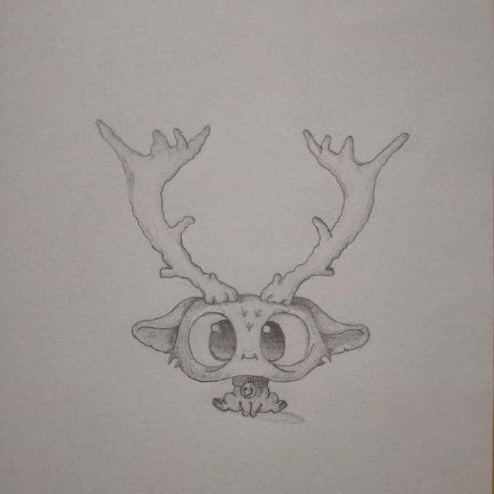 baby deer cartoon with large eyes, easy drawings for kids, large horns, black and white pencil sketch on white background