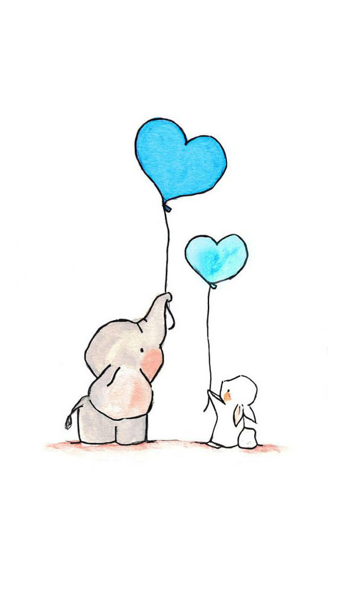 baby elephant and rabbit, holding two blue heart shaped balloons, cute easy drawings, colored drawing with white background