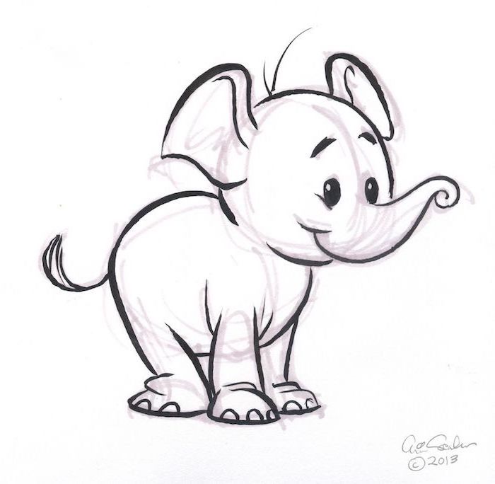 baby elephant, black and white pencil sketch, white background, easy drawings for kids