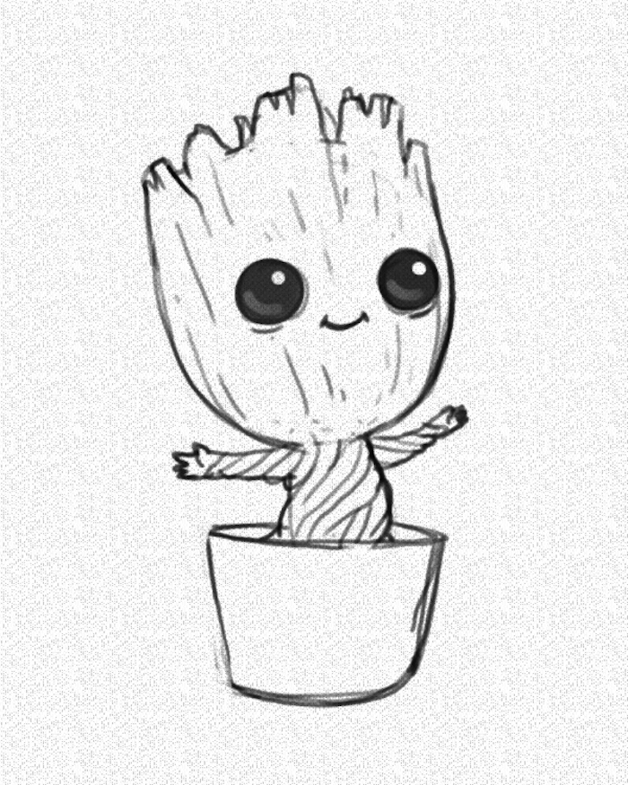 baby groot dancing in a pot, guardians of the galaxy, marvel inspired, easy drawings for kids, black and white pencil sketch