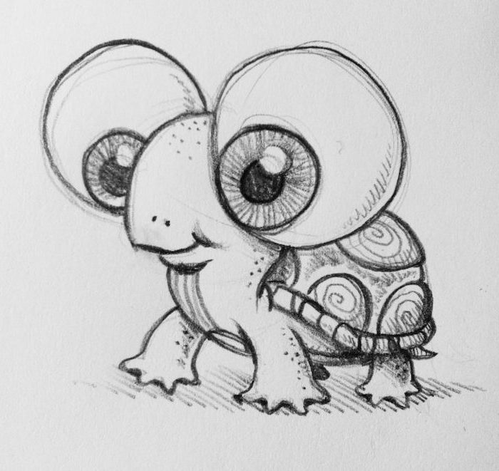 baby turtle with large eyes, black and white pencil sketch, easy pencil drawings, white background