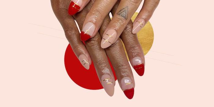 white and gold nails, french manicure with red nail polish, gold decorations on each nail, long almond nails