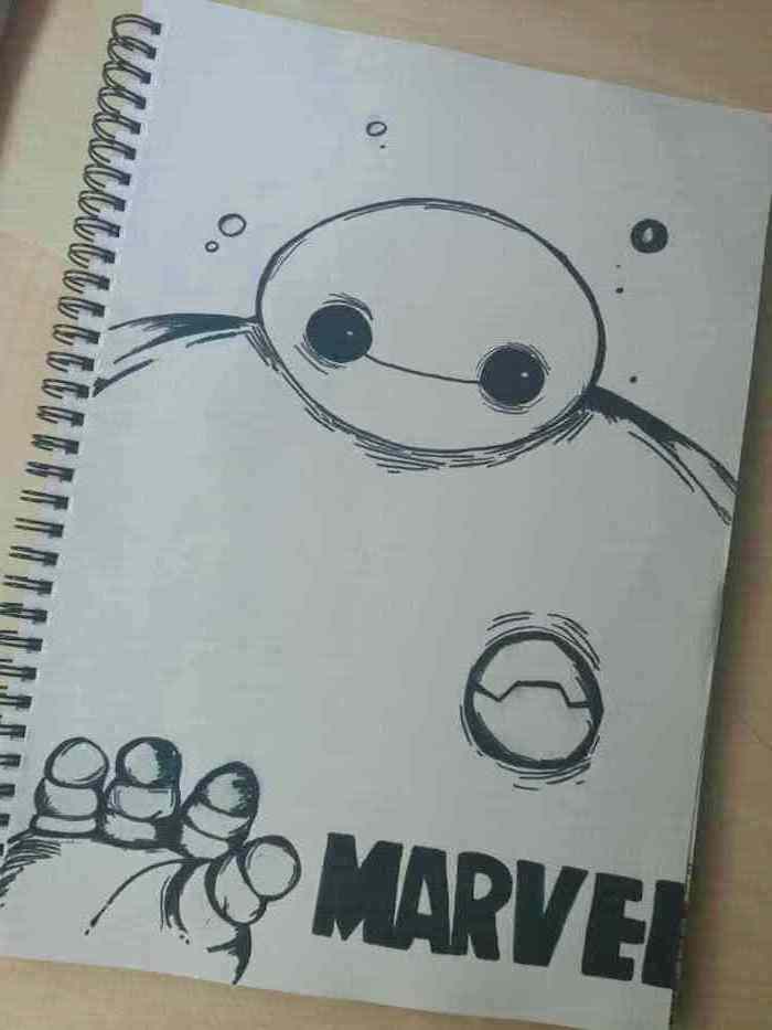 big hero six character, black and white pencil sketch, easy pencil drawings, drawing in a notebook