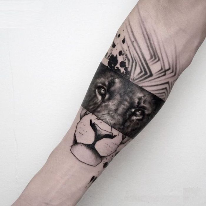 forearm tattoo, half realistic lion head, half contour of a lion head, lion tattoo, white background