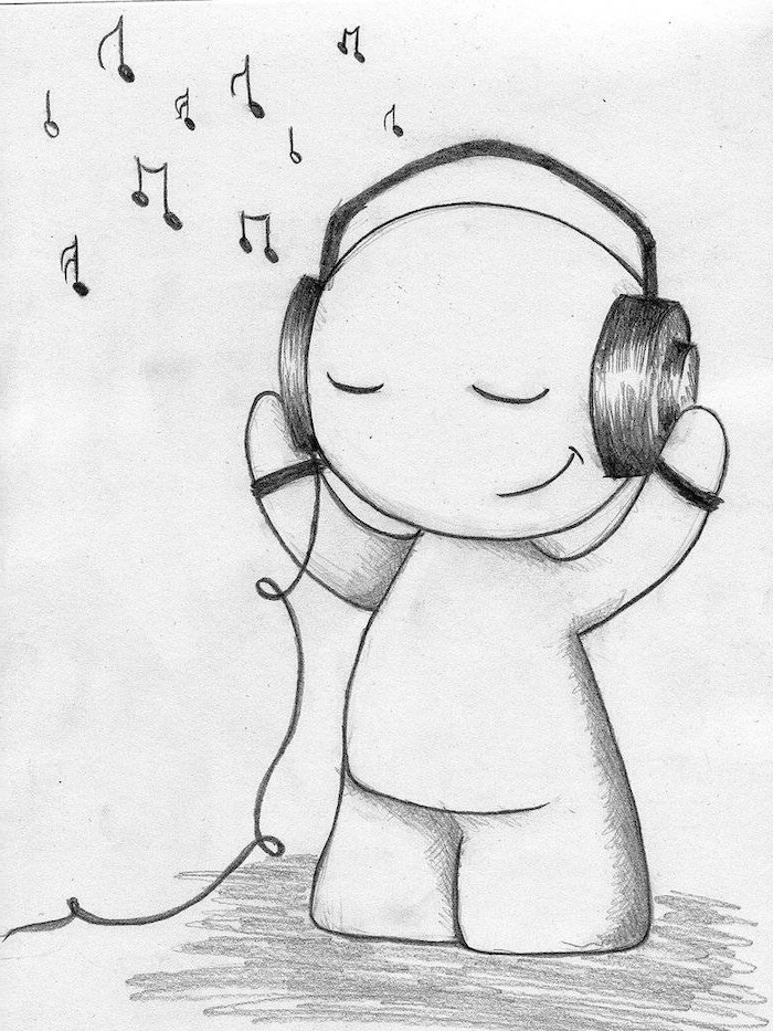 cartoon person listening to music, headphones on the head, cute drawings, black and white pencil sketch