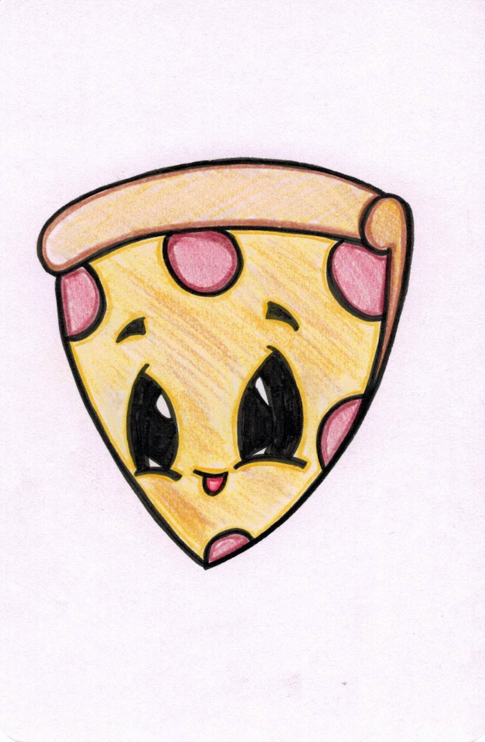 cartoon pizza with eyes, cute drawings, colored drawing on white background, smiling pizza slice