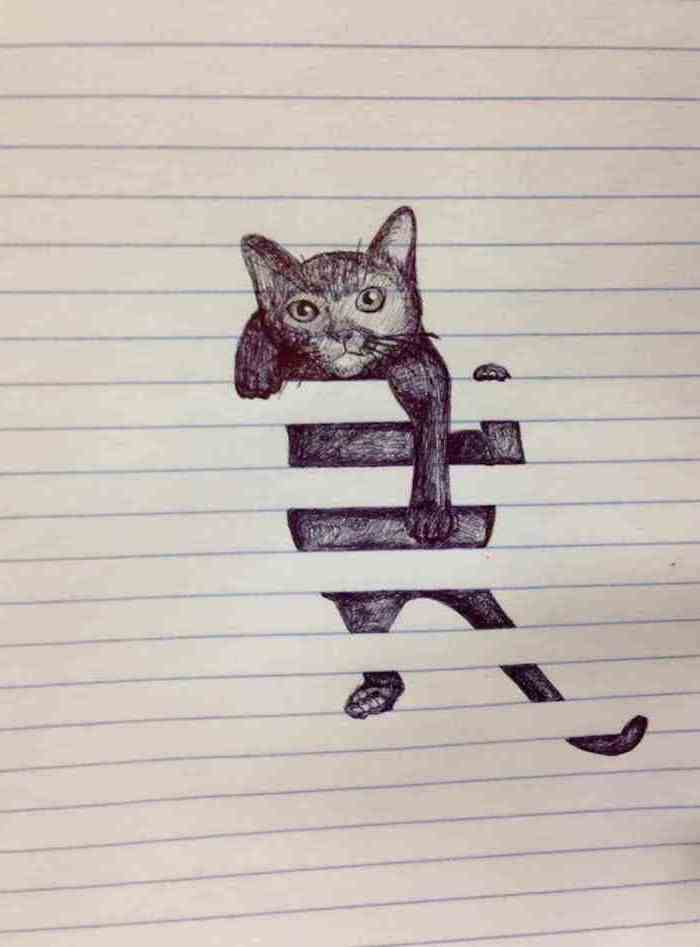 cat climbing, drawn inside a notebook with lines, things to draw when bored, black and white pencil sketch