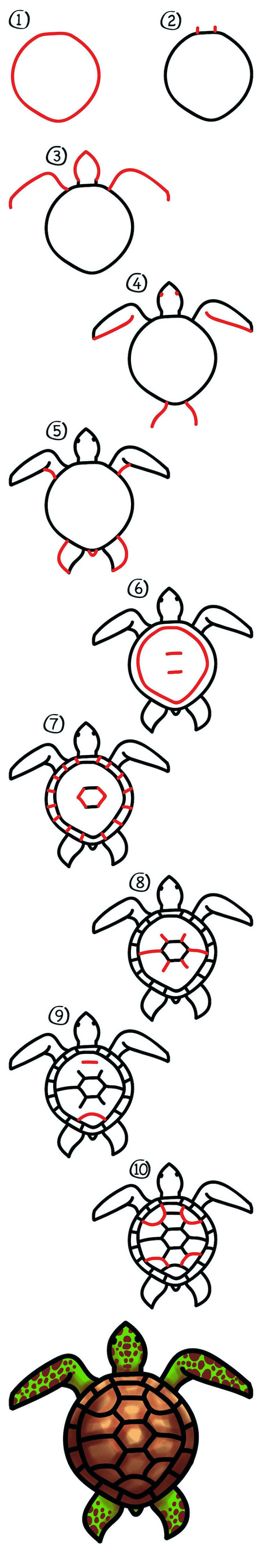 how to draw a turtle, step by step diy tutorial, cute drawings, sketch on white background