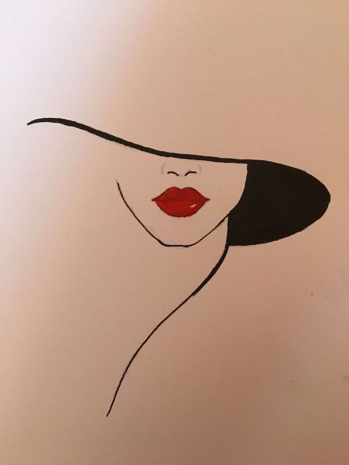 things to draw when bored, female silhouette with red lips, large hat, colored drawing on white background