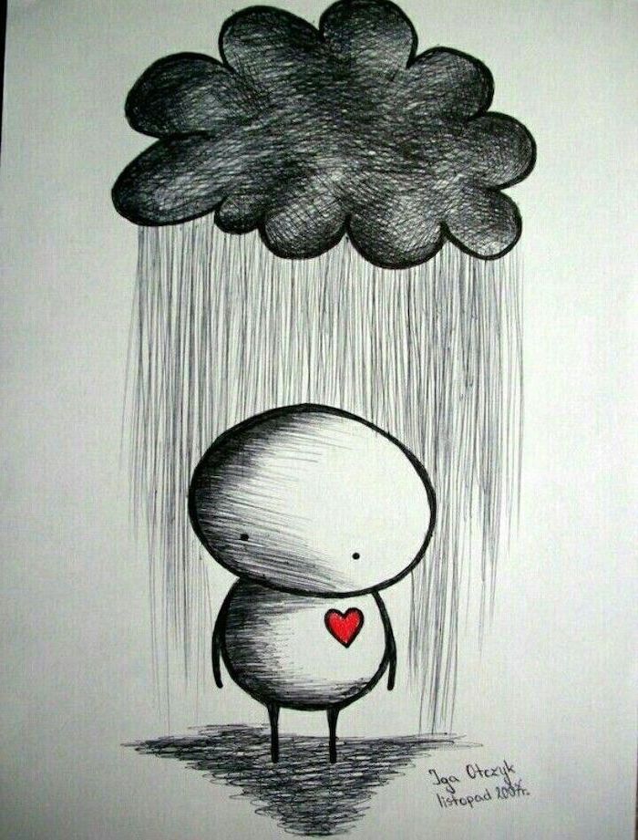 cartoon person with red heart, standing under a rainy cloud, black and white pencil sketch, things to draw when bored