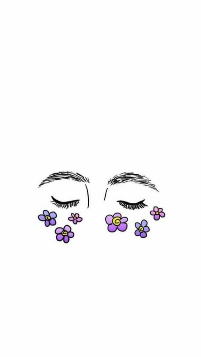 two closed eyes, eyebrows on top, purple flowers underneath, sketch on white background, cool things to draw