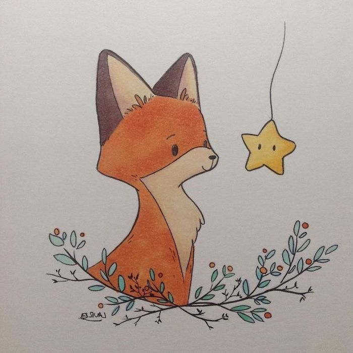 baby fox, looking at a star, tree branches underneath, how to draw step by step, colored drawing on white background