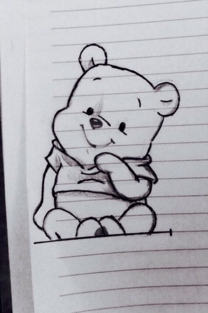 winnie the pooh, black and white pencil sketch, how to draw step by step, drawing in a notebook