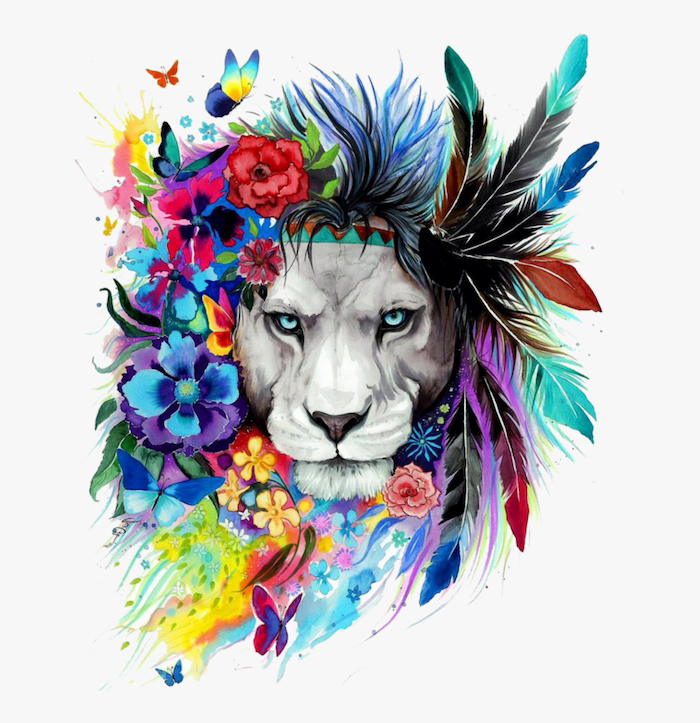 drawing of a lioness head, surrounded by flowers and feathers, lion tattoo, watercolor painting