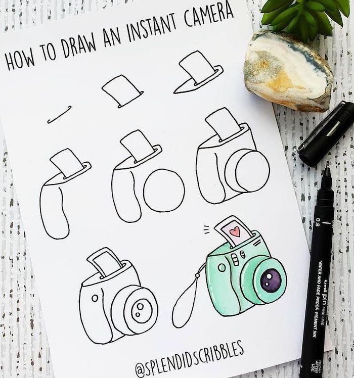 how to draw an instant camera, step by step diy tutorial, how to draw step by step, drawing in white notebook