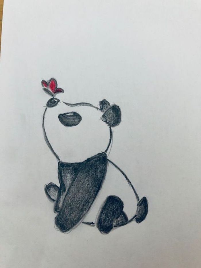 baby panda, red butterfly landing on its nose, cool things to draw, colored drawing on white background