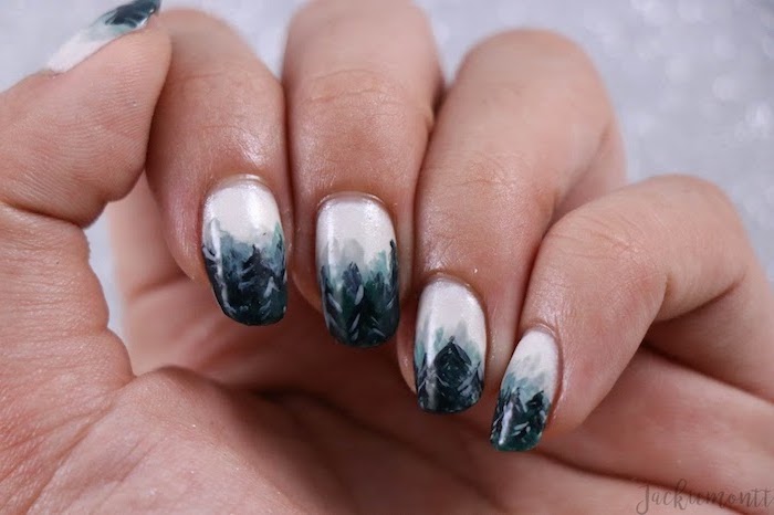 faded foggy forest, white to black gradient nail polish, ombre acrylic nails, medium length squoval nails