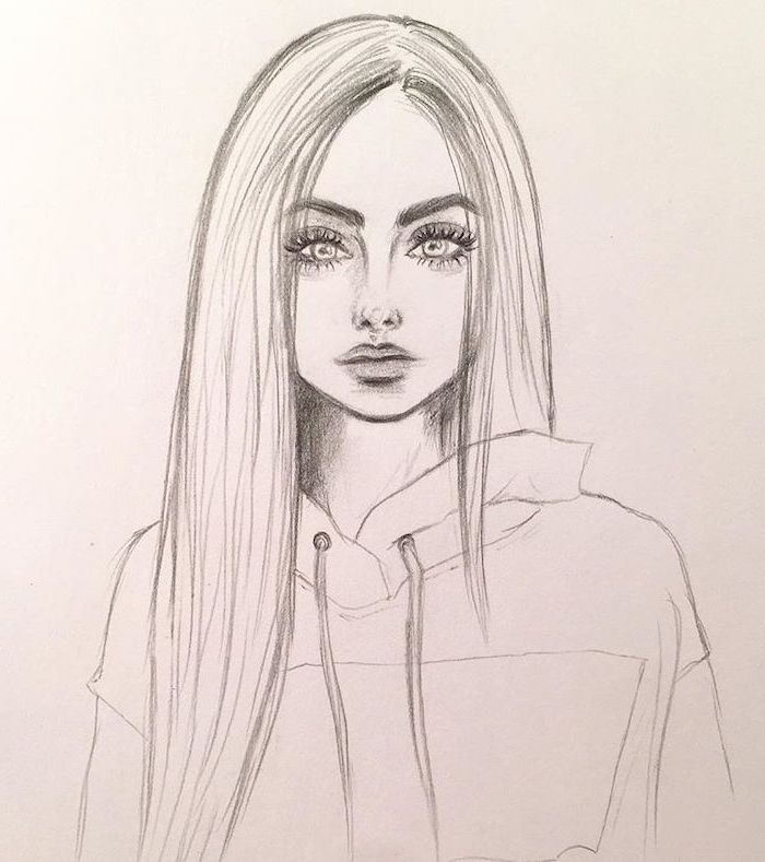 girl with straight long hair, wearing a hoodie, cute things to draw, black and white pencil sketch, white background