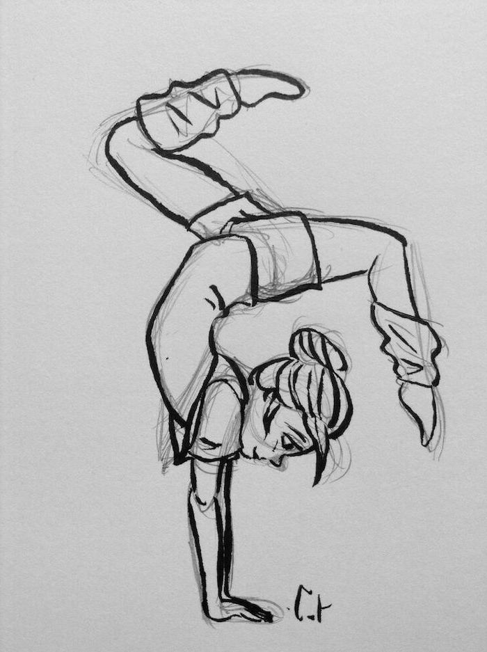 girl making acrobatic moves, standing on her hands, cute things to draw, black and white pencil sketch