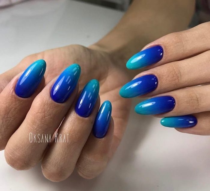 turquoise to dark blue gradient nail polish, pink and white ombre nails, long almond nails