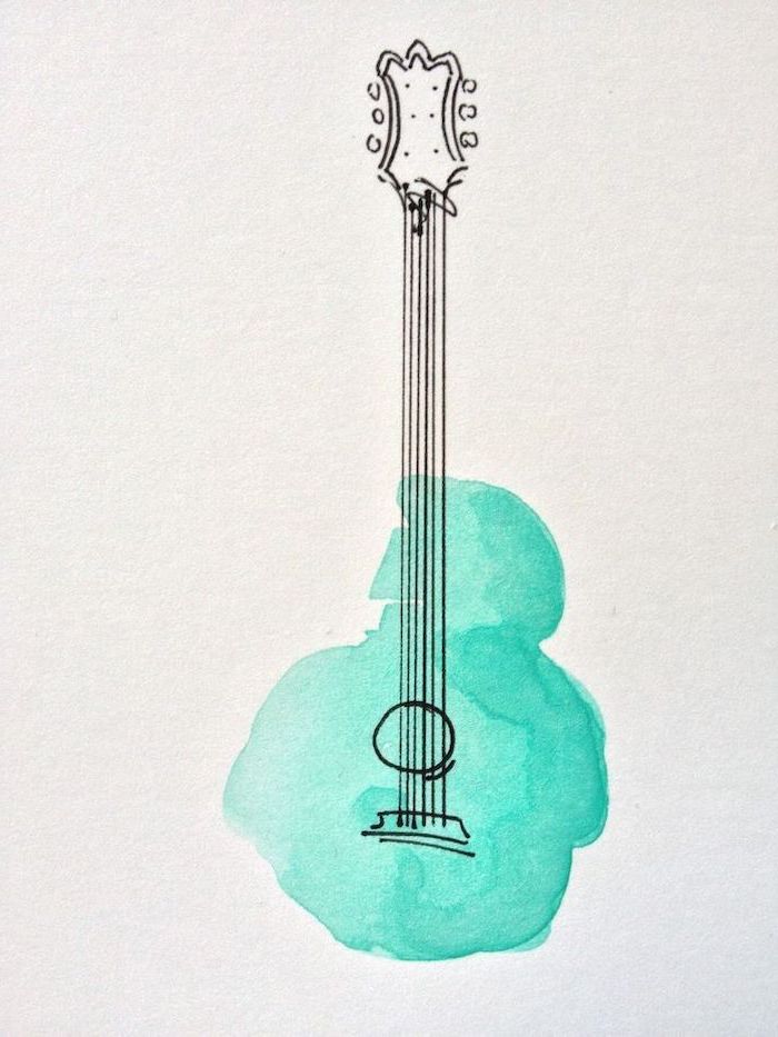watercolor drawing, cute things to draw, guitar with turquoise watercolor base, white background