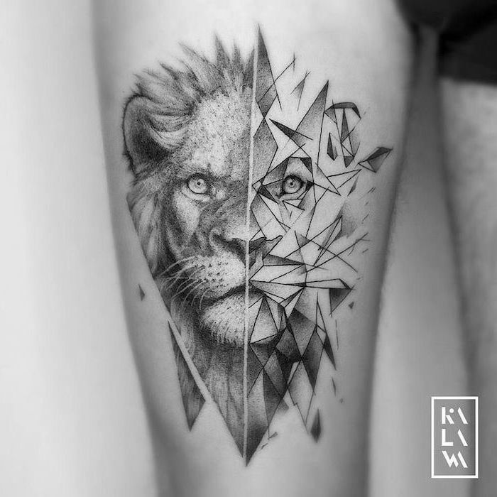 black and white photo, lion head separated in two, one half geometrical, lion hand tattoo, thigh tattoo