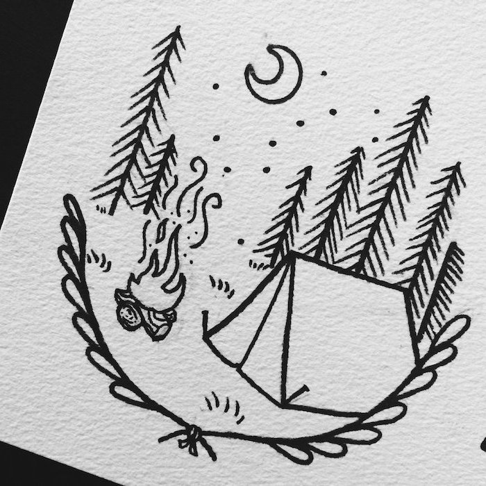 forest landscape, cute things to draw, tent with fire in front of it, moon in the sky, tall trees in the background, black and white drawing