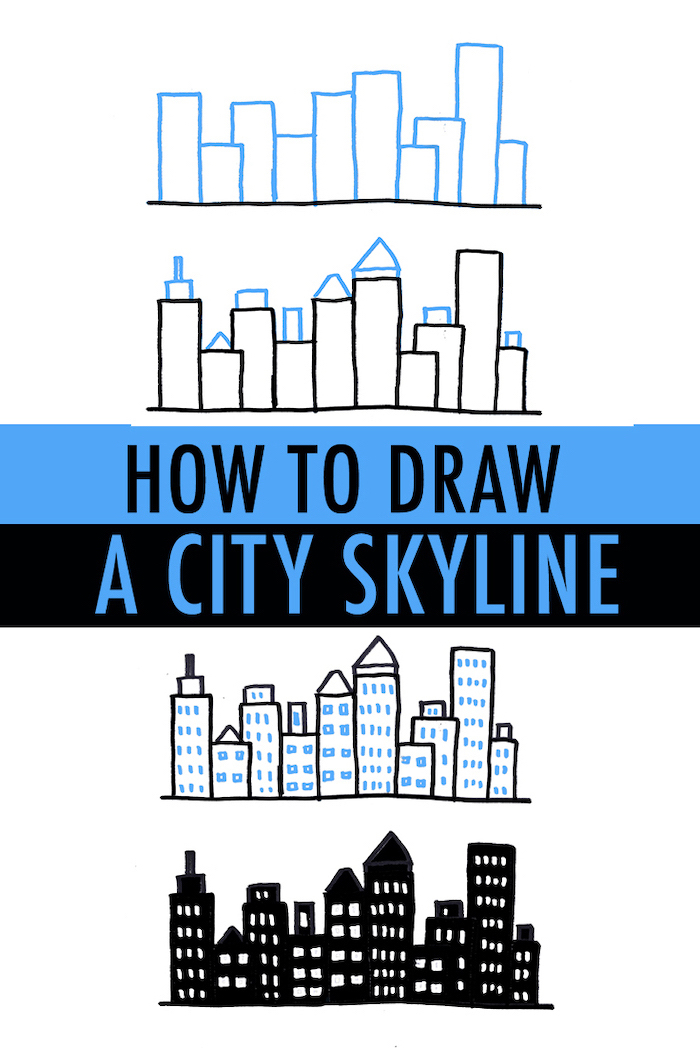 how to draw a city skyline, cute and easy drawings, step by step diy tutorial, white background