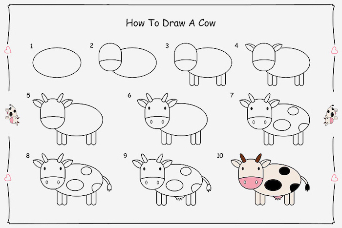 how to draw a cow, step by step diy tutorial, cute and easy drawings, white background