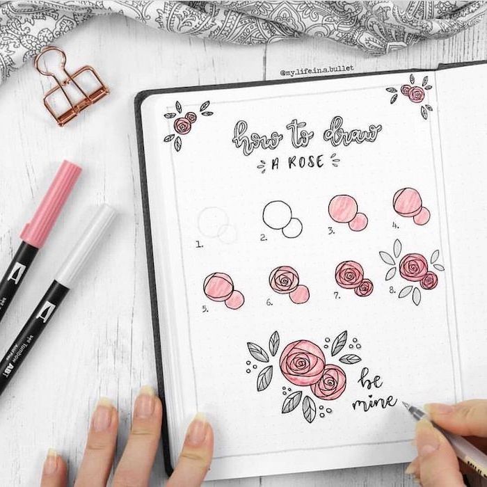 drawing in a notebook, how to draw a rose, cute kawaii drawings, step by step diy tutorial