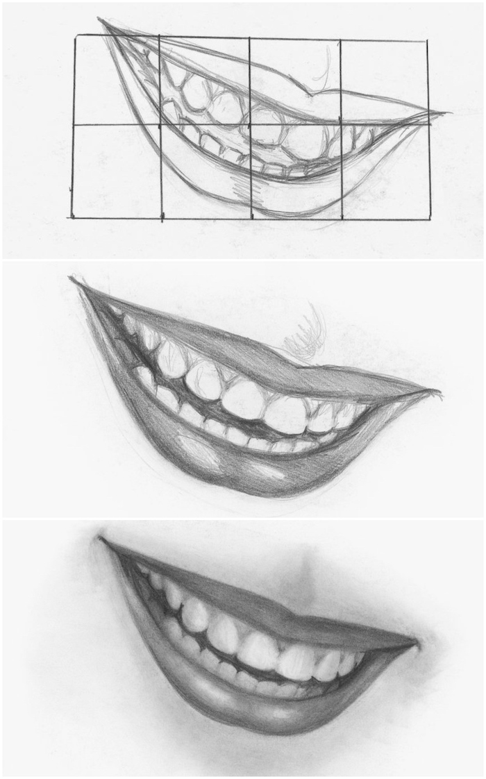 how to draw a female smile, step by step diy tutorial, cool easy drawings, black and white pencil sketch