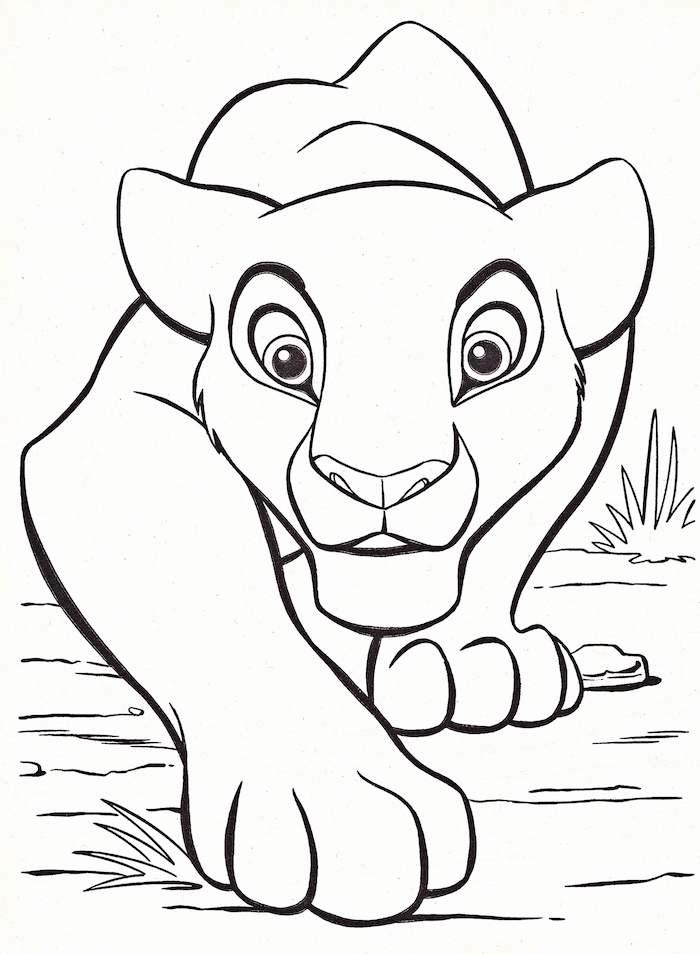 simba from lion king, black and white pencil sketch, cute kawaii drawings, white background