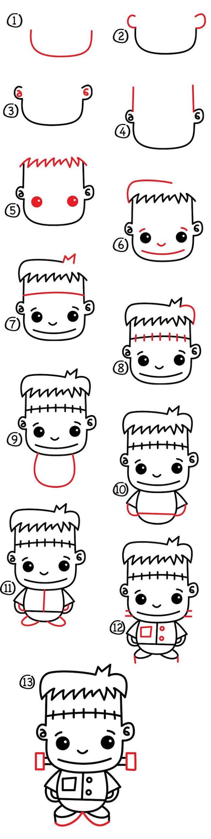 cute kawaii drawings, how to draw frankenstein, step by step diy tutorial, white background
