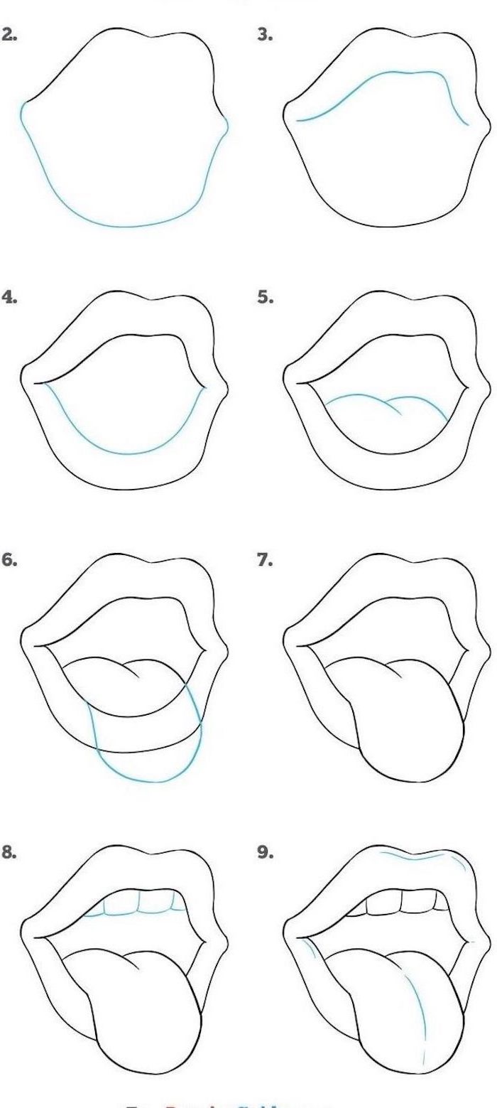 how to draw lips with tongue sticking out, step by step diy tutorial, sketch on white background, easy animals to draw
