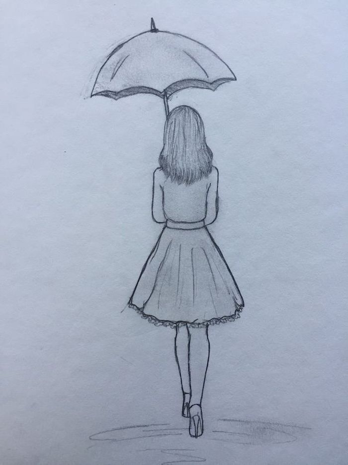 how to draw cute things, girl holding an umbrella, wearing skirt heels and blouse, black and white pencil sketch