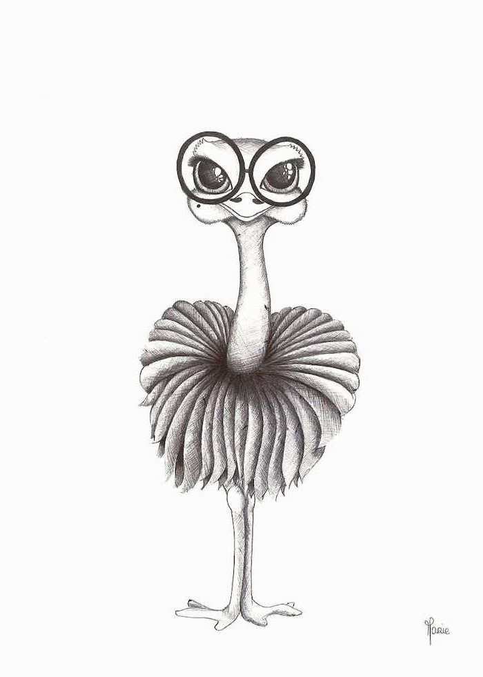 easy animals to draw, lady ostrich with glasses, black and white pencil sketch, white background